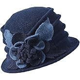 Vintage Women Floral Wool Dress Cloche Winter Hat 1920s