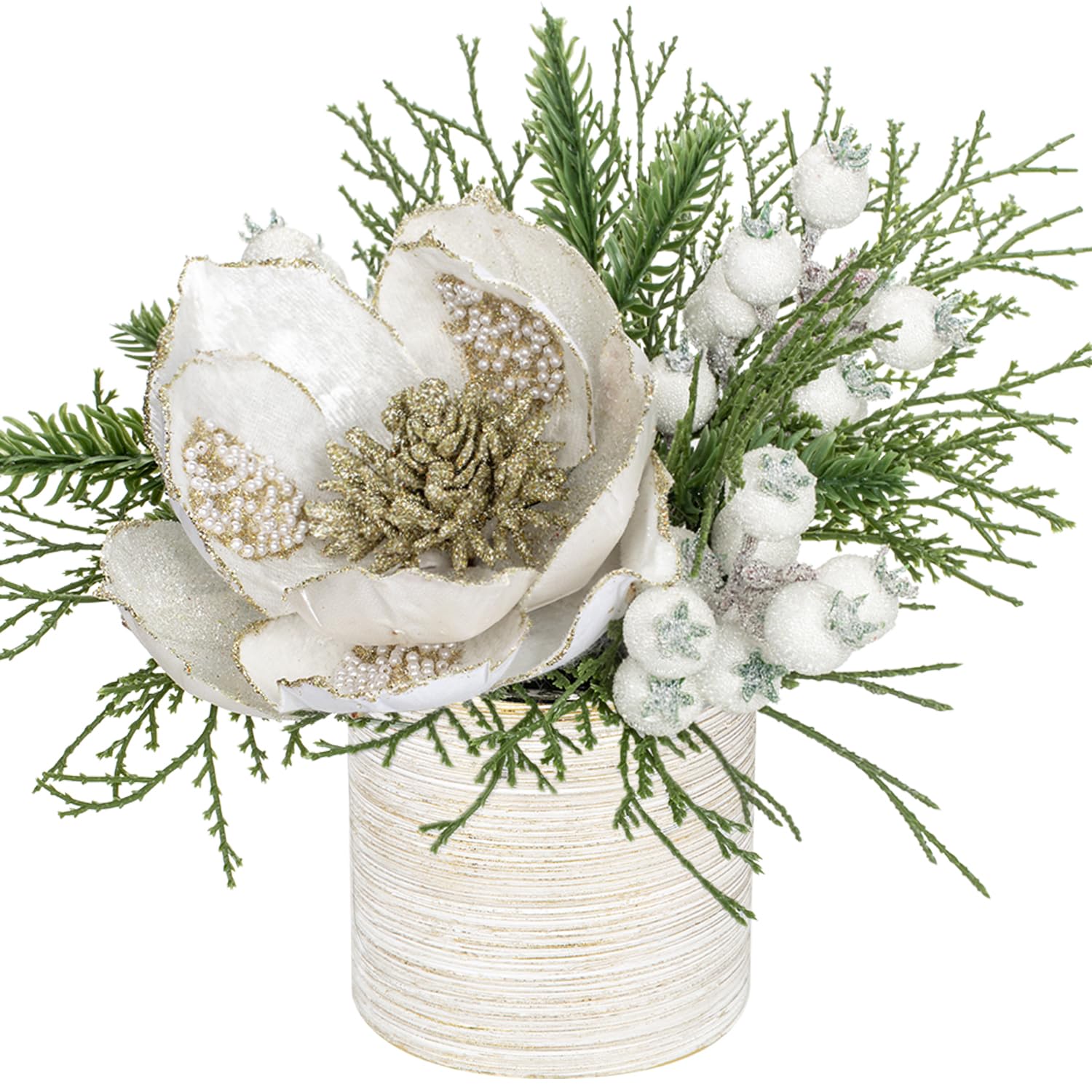 Briful 9" Glitter Magnolia Artificial Flowers in Vase, Christmas Flowers White Flowers Artificial with White Berry Stems in Brushed Finish Ceramic Pot, Fake Magnolia for Xmas Decor