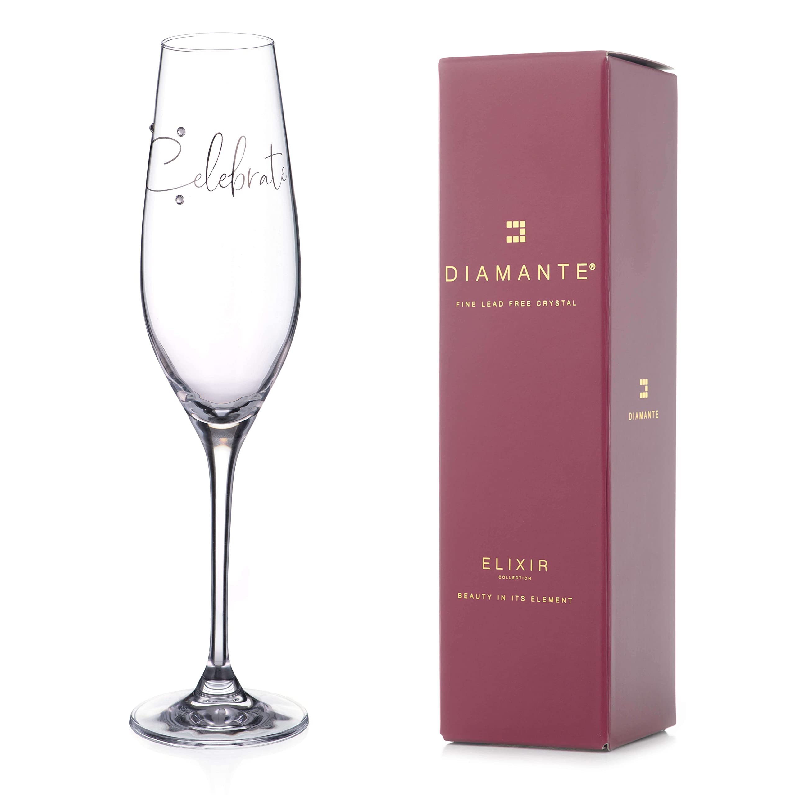DIAMANTE Champagne Flute Crystal Prosecco Glass with “Celebrate” Slogan – Embellished with Genuine Crystals – Single Flute Gift Boxed