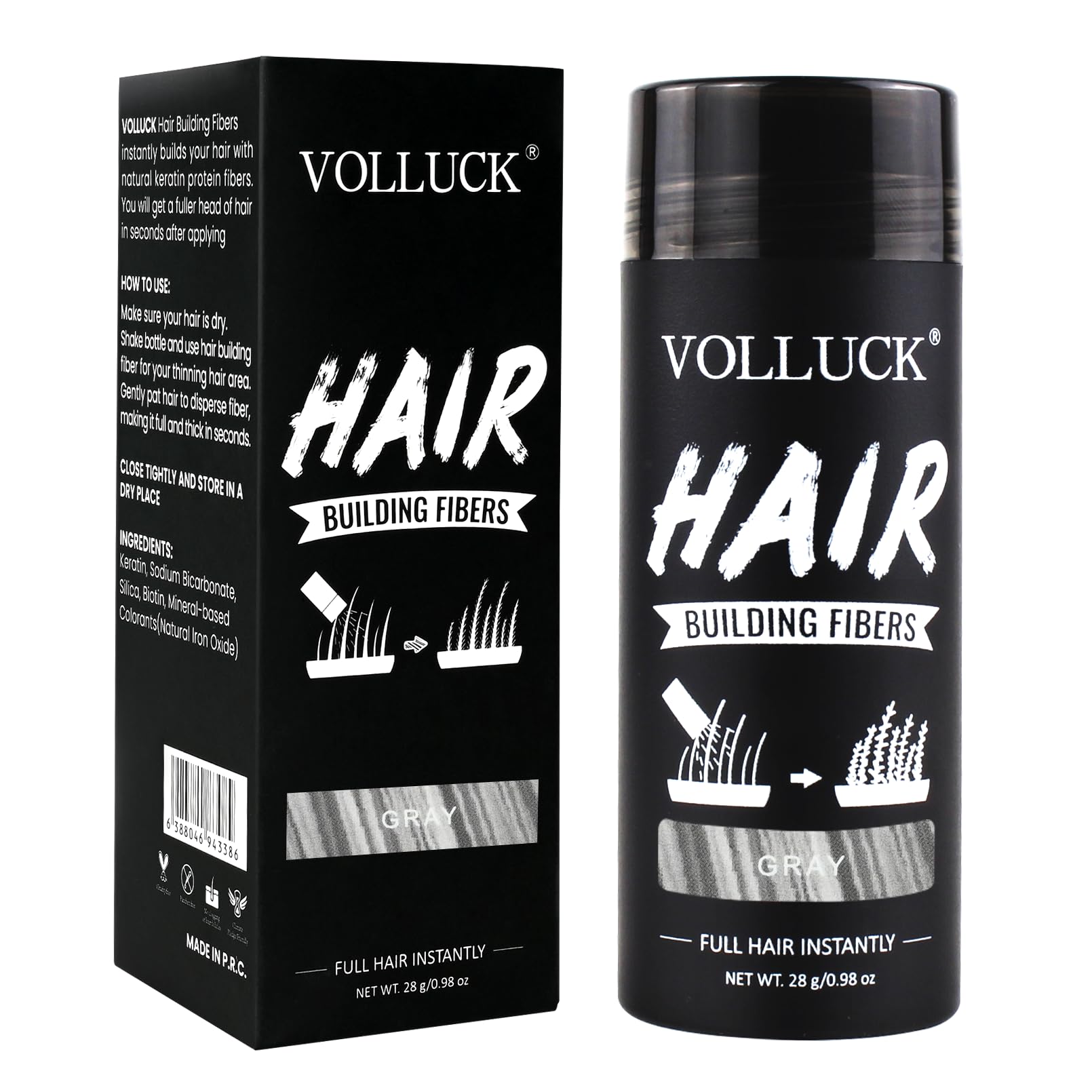 VOLLUCK Hair Fibres 28g – Instant Coverage for Thinning Hair – Creates a Naturally Fuller, Thicker Look – Lightweight, Natural Finish, Easy to Apply & Wash Off – For Men & Women (Grey)