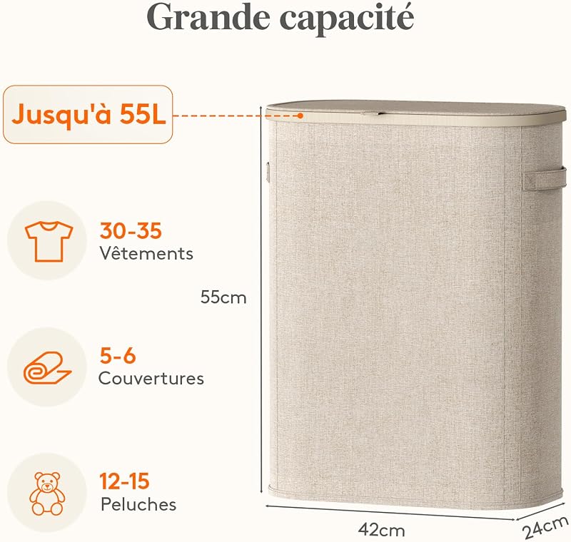 Panier Linge Sale, Bac Linge avec Couvercle, Corbeille Linge avec Plastique Poignées et Sac Linge, Laundry Basket pour Buanderie, Chambre, Salle de Bain, 55 L, Beige