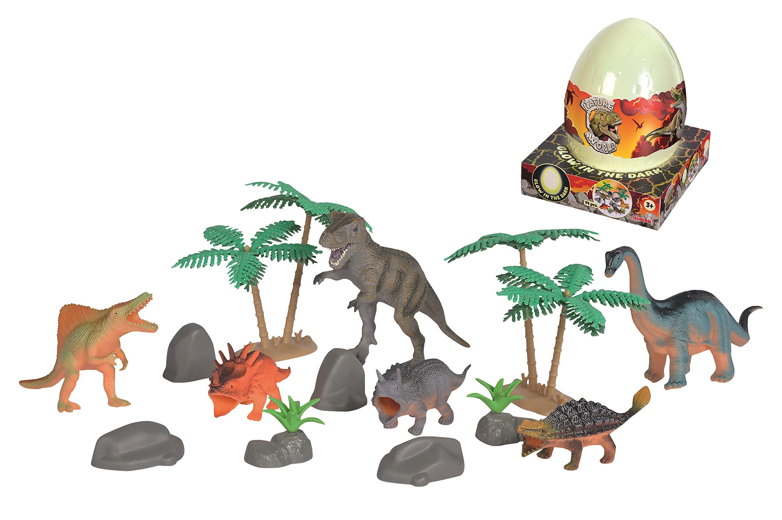 Nature World - 14-Piece Dinosaur Playset with Giant Glow-in-the-dark Egg Accessory