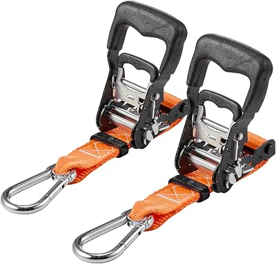 Sangle à Cliquet 3,8 cm x 1,8 m Sangle d'Arrimage Lot de 2 Sangles de Chargement Fixation pour Déménagement Remorques Motos Kayaks Toit Voiture, avec Mousquetons Résistance à la Rupture 1100 kg