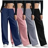 Velvelhall 4 Pack Women's Wide Leg Sweatpants, Baggy Straight Elastic Waist Drawstring Multipack Lounge Trousers with Pockets