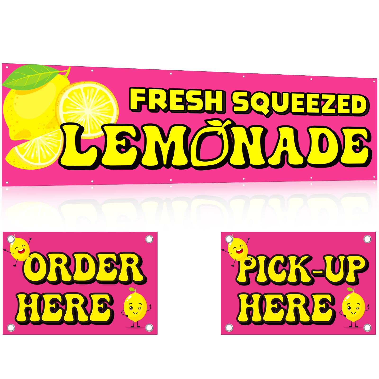 Photo 1 of SmoothNovelty 3x10 ft Fresh Squeezed Lemonade Banner with Order Here Pick up Here Signs Set of 3 Vinyl Banner Signs for Lemonade Stand Supplies Restaturant Truck Decorations Non Water-proof(Pink)