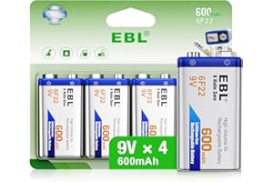 EBL 9V Batteries, Rechargeable 9V Battery 600mAh Lithium 6F22 Batteries for Smoke Detector, Long Lasting (4 Pack)