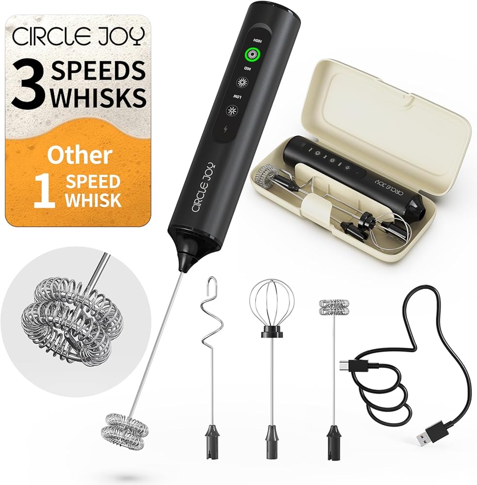 CIRCLE JOY Electric Milk Frother with 3 Variable Speeds, 3 Whisks and Storage Box, Rechargeable Handheld Coffee Frother Drink