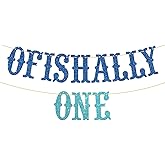 Ofishally One Banner Fishing 1st Birthday Banner The Big One Baby Shower Party Decorations - Blue Glitter