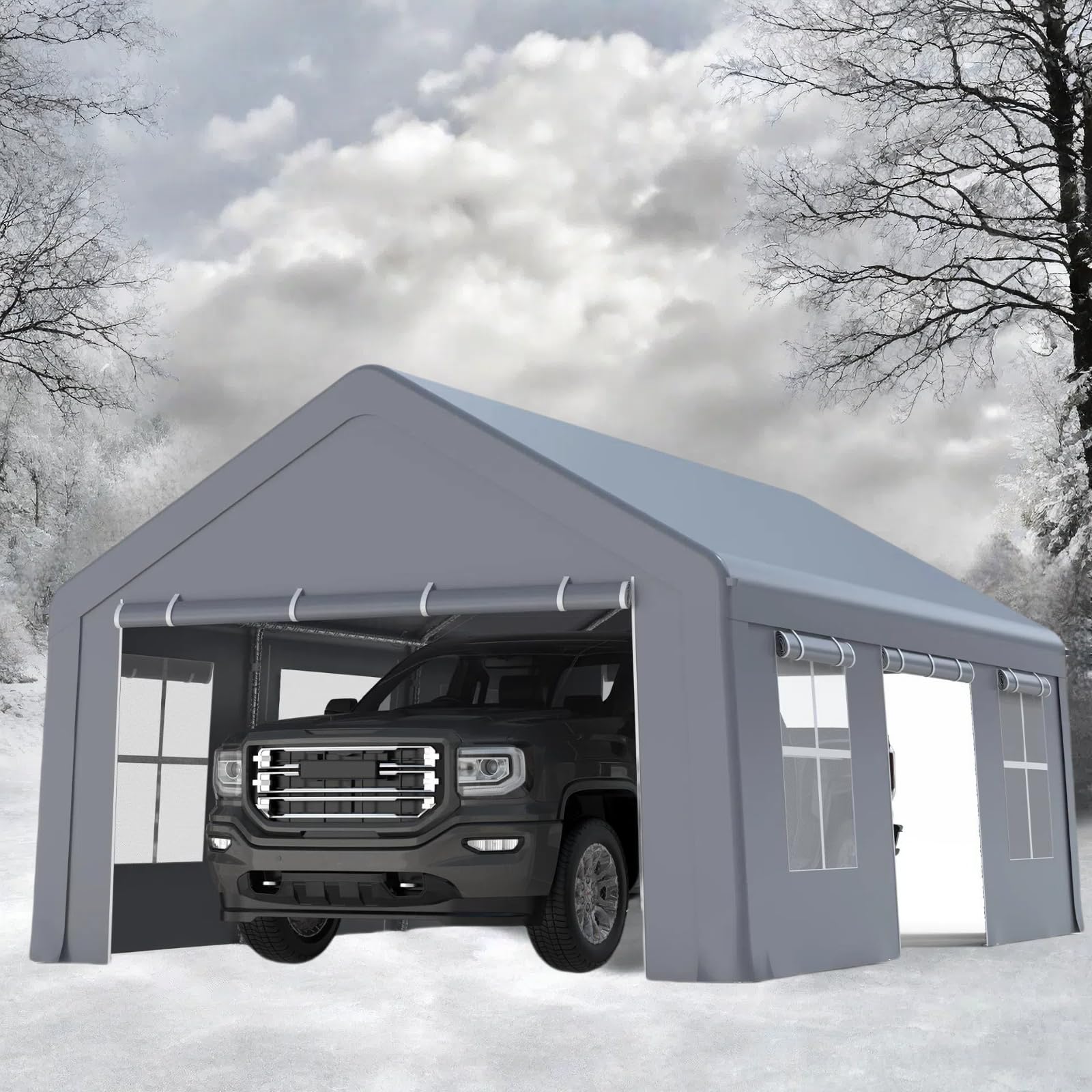 Photo 1 of *NO CANOPY*HarmonyHealth Carport 13'x20' Heavy Duty, Portable Garage with 3 Roll-Up Doors & 5 Windows, All Season Waterproof Car Canopy Outdoor Storage Shed for Pickup Truck Boat, Gray