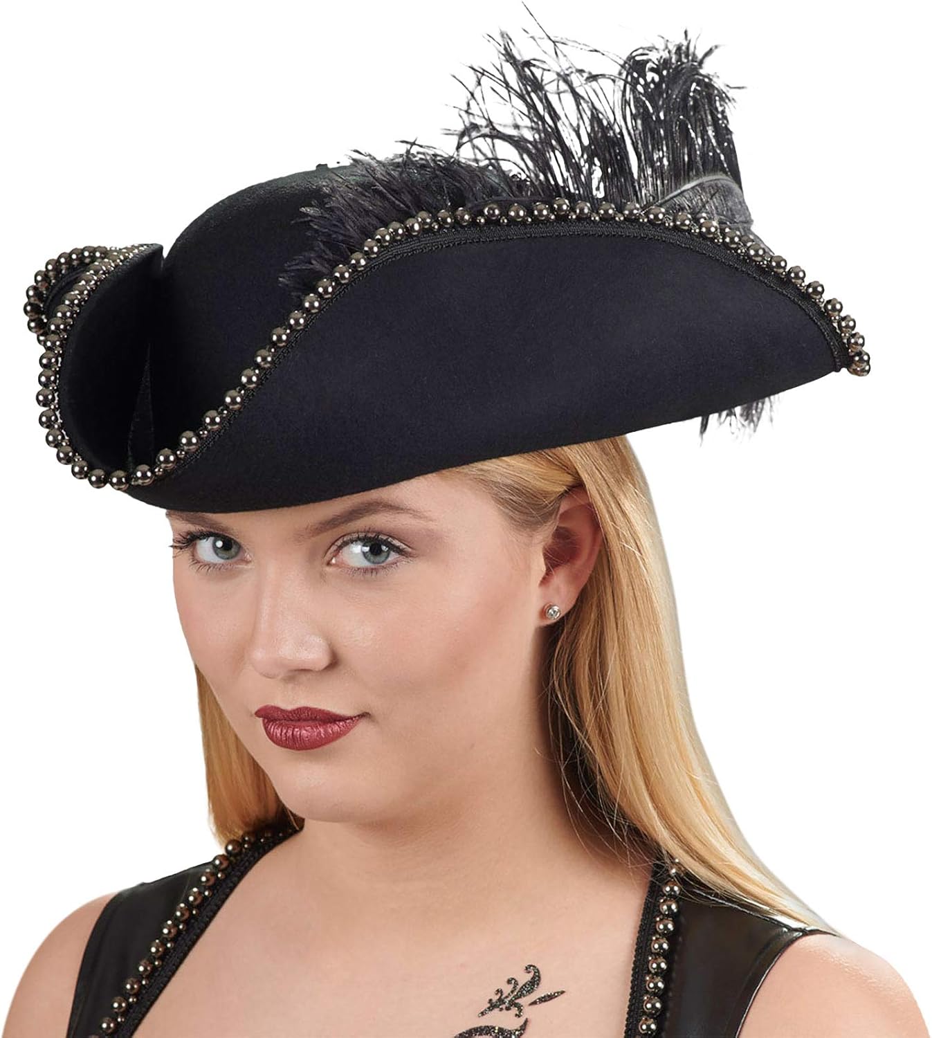 Elbenwald Tricorn with pearl trimming feather costume accessory wool
