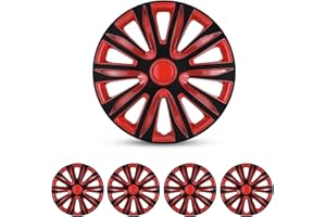 I1MOTOR Hubcaps 14", Wheel Rim Cover Universal R14 Hub Caps Replacement Exterior Accessories Snap On Car Pickup Truck SUV, 14 Inch Wheel Covers, 4 Pack, Black & Red Lacquer