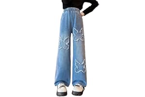 NABER Kids Girls Casual Baggy Wide Leg Denim Pants Elastic Waist Casual Jeans Age 5-14