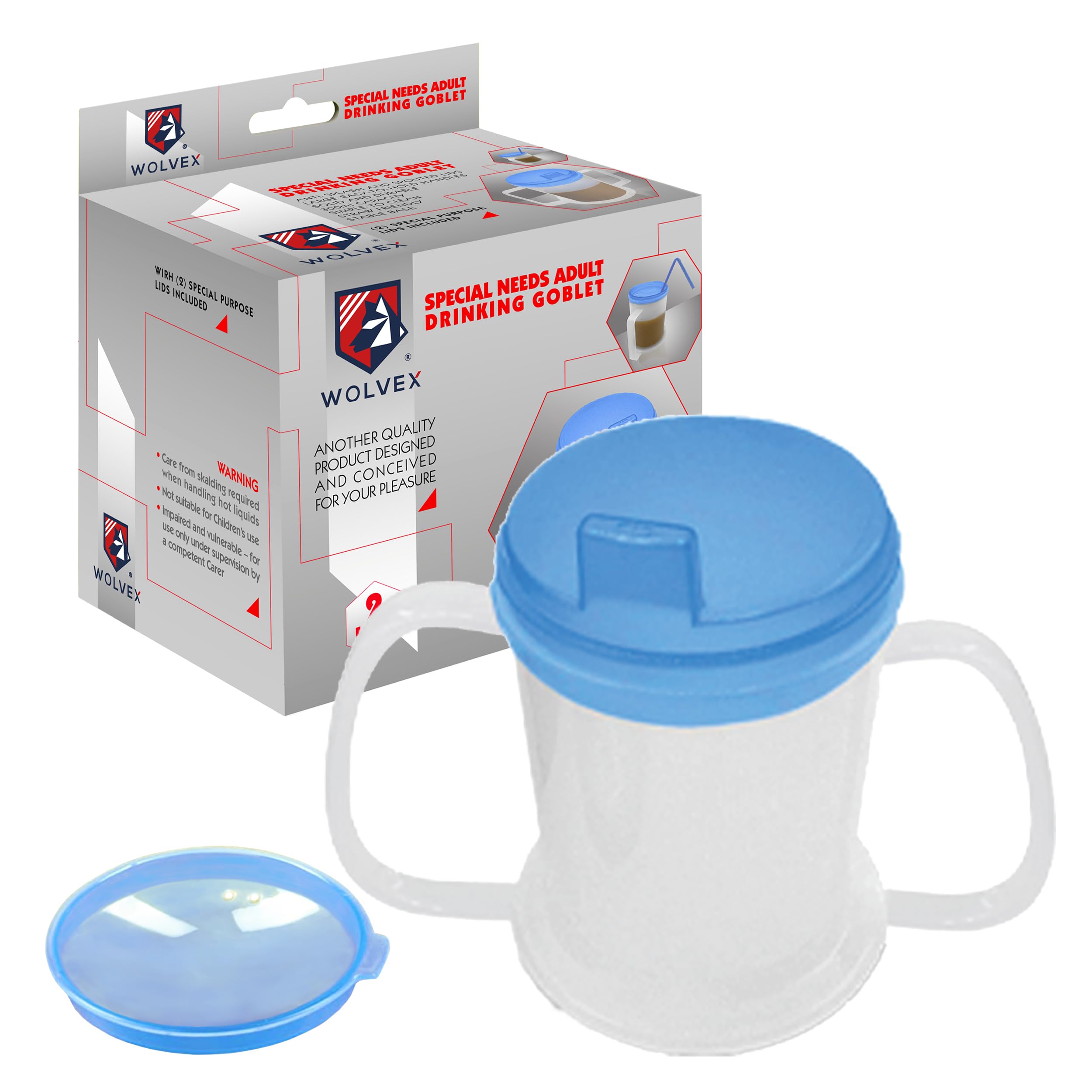 Wolvex 350ML Adult Drinking Cup with Comfortable Round Handle, 2 Style Lids, and Anti-Spill Features - Ideal Beaker for Disabled Adults, Dishwasher & Microwave Safe, Lightweight, BPA-Free Sippy (Blue)