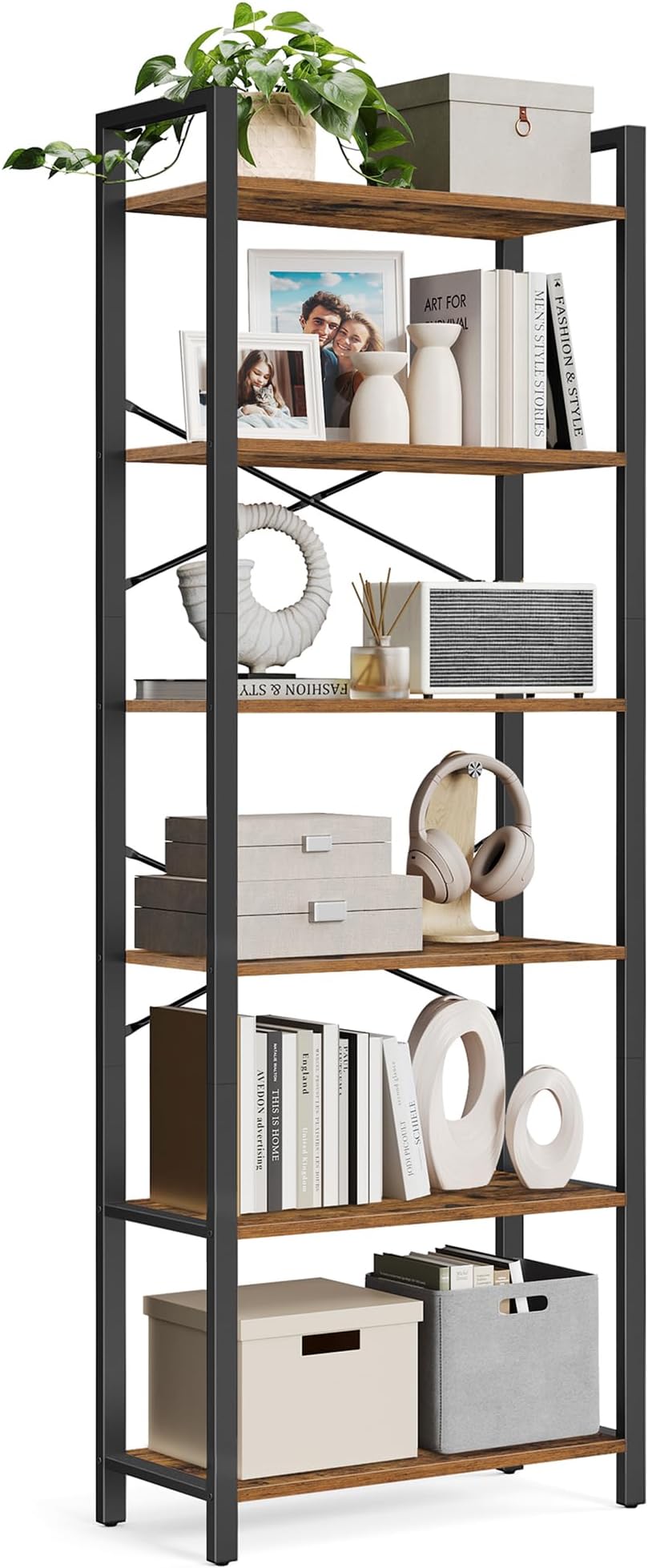 VASAGLE 6-Tier Bookshelf 30 x 66 x 186 cm Rustic Brown and Ink Black LLS062B01
