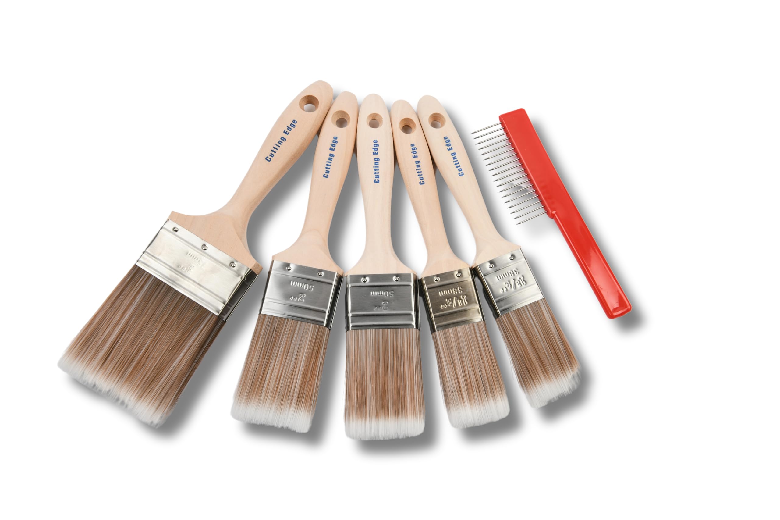 Cutting Edge 5-Brush Paintbrush Set with FREE Brush Comb - Professional Premium Quality - Ergonomic Beavertail Handle for an Easy Grip, SRT Synthetic Fibres, No Breaking-in Required 2x1.5"|2x2"|1x3"