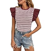 Tankaneo Womens Ruffle Striped Tank Tops Summer Crew Neck Sleeveless Shirts Loose Fit Dressy Casual Blouse