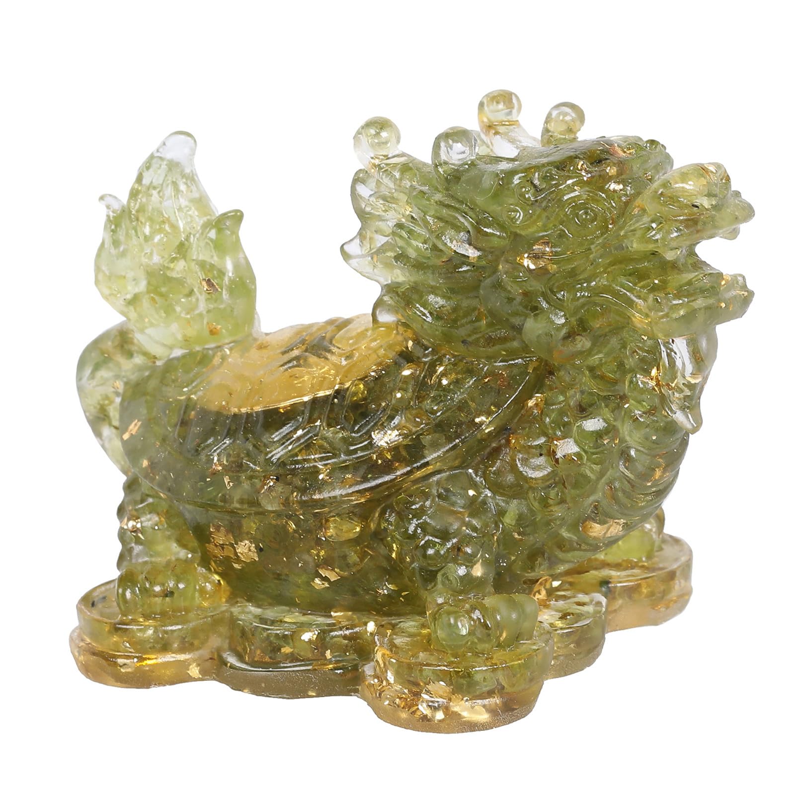 Nupuyai 2pcs Olivine Peridot Crystal Stone Animal Statue Gold Coin Dragon Turtle Figure Set, Resin Stones Figurine Lucky Feng Shui Wealth Ornament Home Office Decor