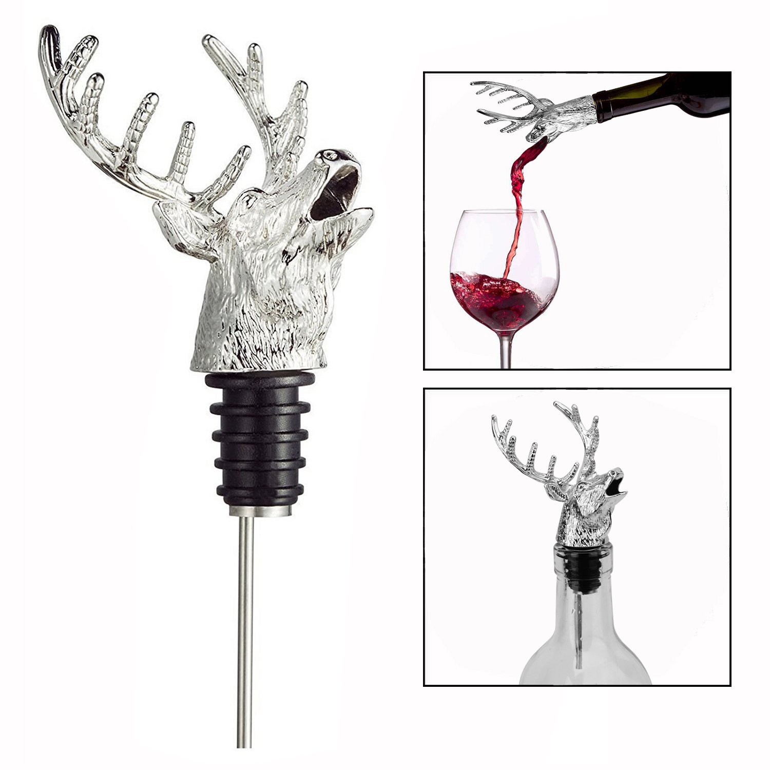 OFKPO Zinc Alloy Wine Pourer and Bottle Stopper Deer Stag Head Shape with Leak-Proof Bung(Silver)