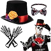 3pcs Day Of The Dead Costume Set, Day Of The Dead Hats With Gloves And Bow Tie, Dia De Muertos Halloween Costume For Adult