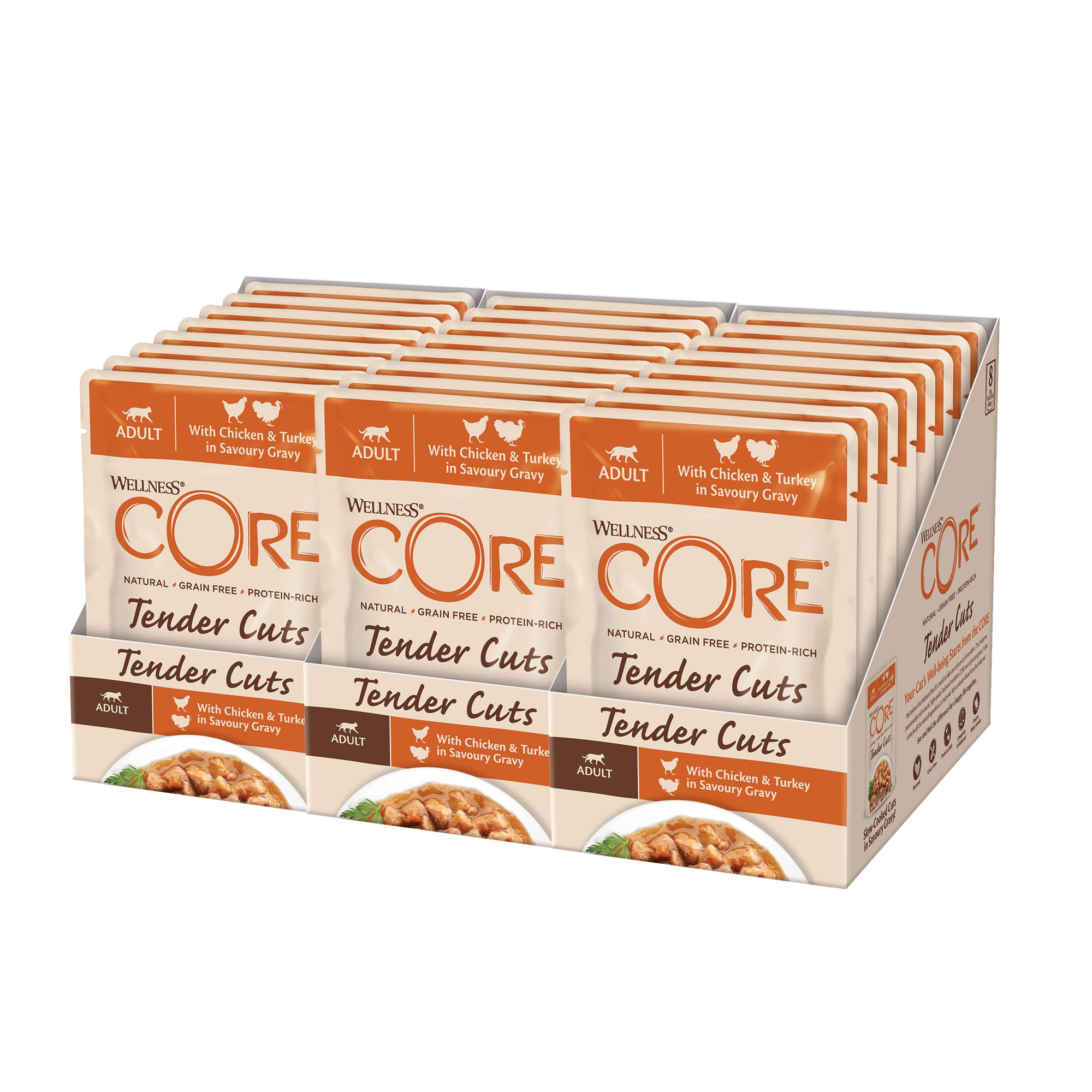 Wellness CORE Tender Cuts 24 x 85g, Chicken & Turkey – Wet Cat Food, Tender Pieces in Sauce, Grain-Free, Natural, Hypoallergenic, Protein-Rich, High Meat Content