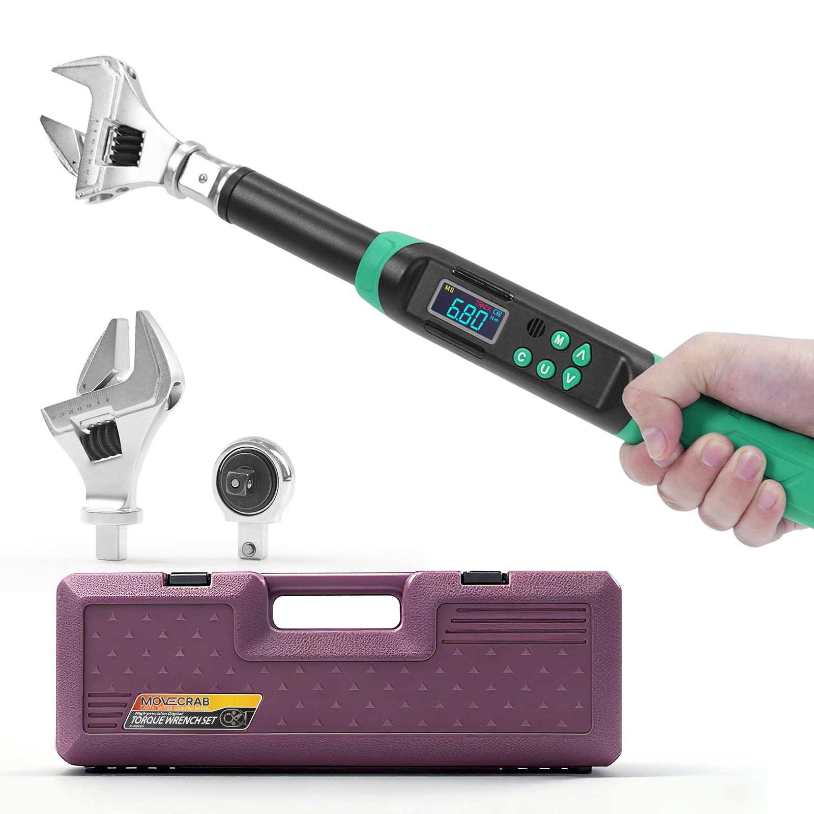 Photo 1 of MOVECRAB 3/8-Inch Digital Torque Wrench with Interchangeable Heads - Precision Adjustable Torque Wrench with Ratchet & Adjustable Open-End Heads, 6.8-135N.m/5-99.6Ft.lb (9×12mm 3/8")