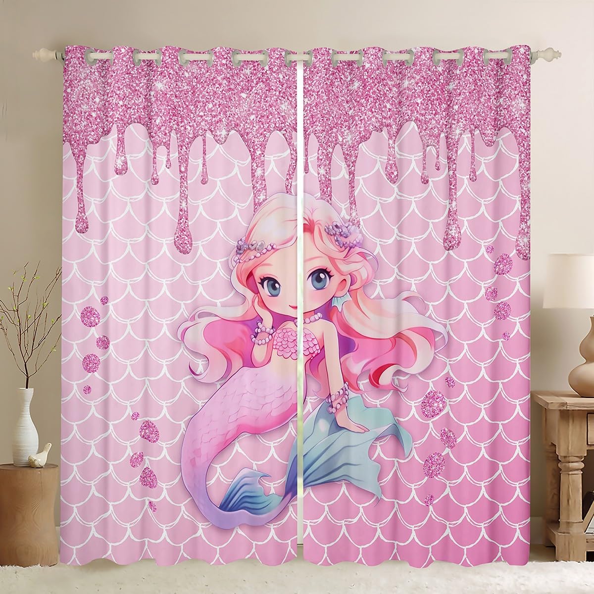 Manfei Mermaid Girls Blackout Curtain Pink Glitter Diamond Window Drapes for Kid Princess Room Decor, Pink Mermaid Fish Scale Window Treatments, Grommet Top 2 Panel Set Bedroom Curtains, 66Wx72L inch