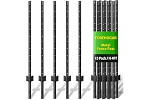 FOREHOGAR Metal Fence Post 4 Feet Black, Pack of 15, T Post for Wire Fence, No Dig Steel U Post Fencing for Lawn Garden Wire Mesh Fence Poles Sign Outdoor Light Duty