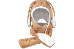 RUIXIA Women Girls Lovely Cartoon Animal Ears Hat Scarf Gloves 3-in-1 Set Plush Winter Warm Hoodie Hat with Scarf Pocket Mitts