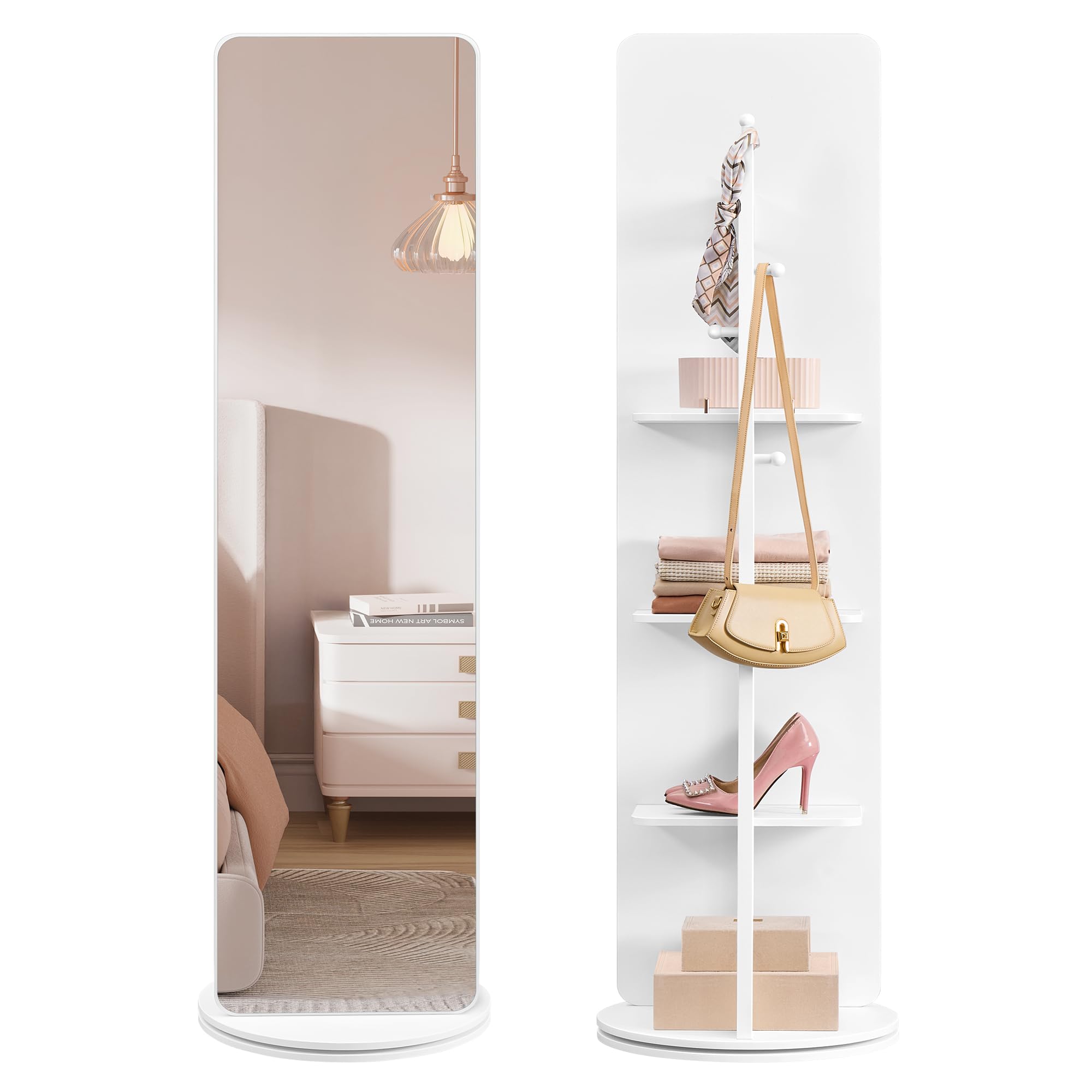 Photo 1 of SONGMICS Full-Length Mirror, Standing Full Body Floor Mirror, 360° Rotatable, 64 x 17.7 Inches, with Base, Storage Shelves, Clear Tempered Glass, for Bedroom, Living Room, Cloud White ULFM036W01V1