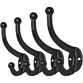 Sopicoz Cast Iron Coat Hooks Pack of 4 Farmhouse Vintage Hooks, Heavy Duty Rustic Wall Mounted Hooks for Hanging Indoors & Outdoors (Black)