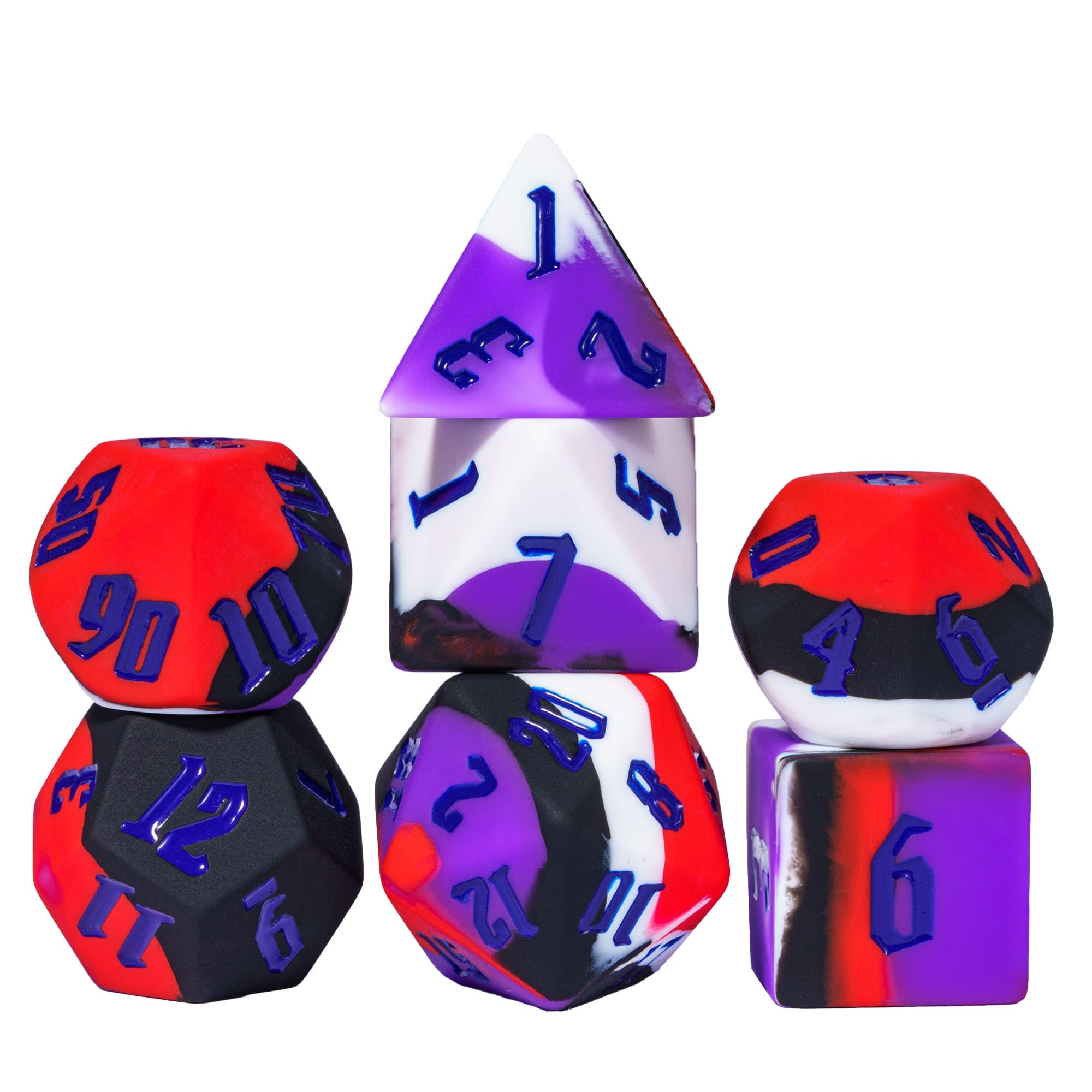 Cusdie Silicone DND Dice Set Polyhedral Dice for Dungeons and Dragons Role Playing Game(RPG),Table Game,Board Games(Black/White/Red/Purple-Blue Numbers)