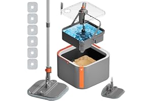 INWEJIA Upgraded Spin Mop and Bucket Set Self-Standing Rod Separate Dirty and Clean Water System Self Wringing 360° Rotating 90° Foldabl for Hard Floor Cabinet Windows Wall Dark Gray, 6Pads