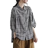 Korean Style Summer Shirt Women's Retro Cotton Linen Checkered Shirt Women's Loose Casual Short Sleeved top