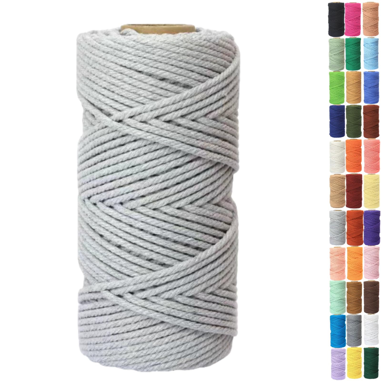 Binwat Macrame Cord Thick Natural Cotton Cord DIY Crafts Yarn Thread Twisted Spool Twine String Cotton Rope for Wall Hanging,Plant Hangers,Knitting,Decorative Projects 4mm x100m (White grey)