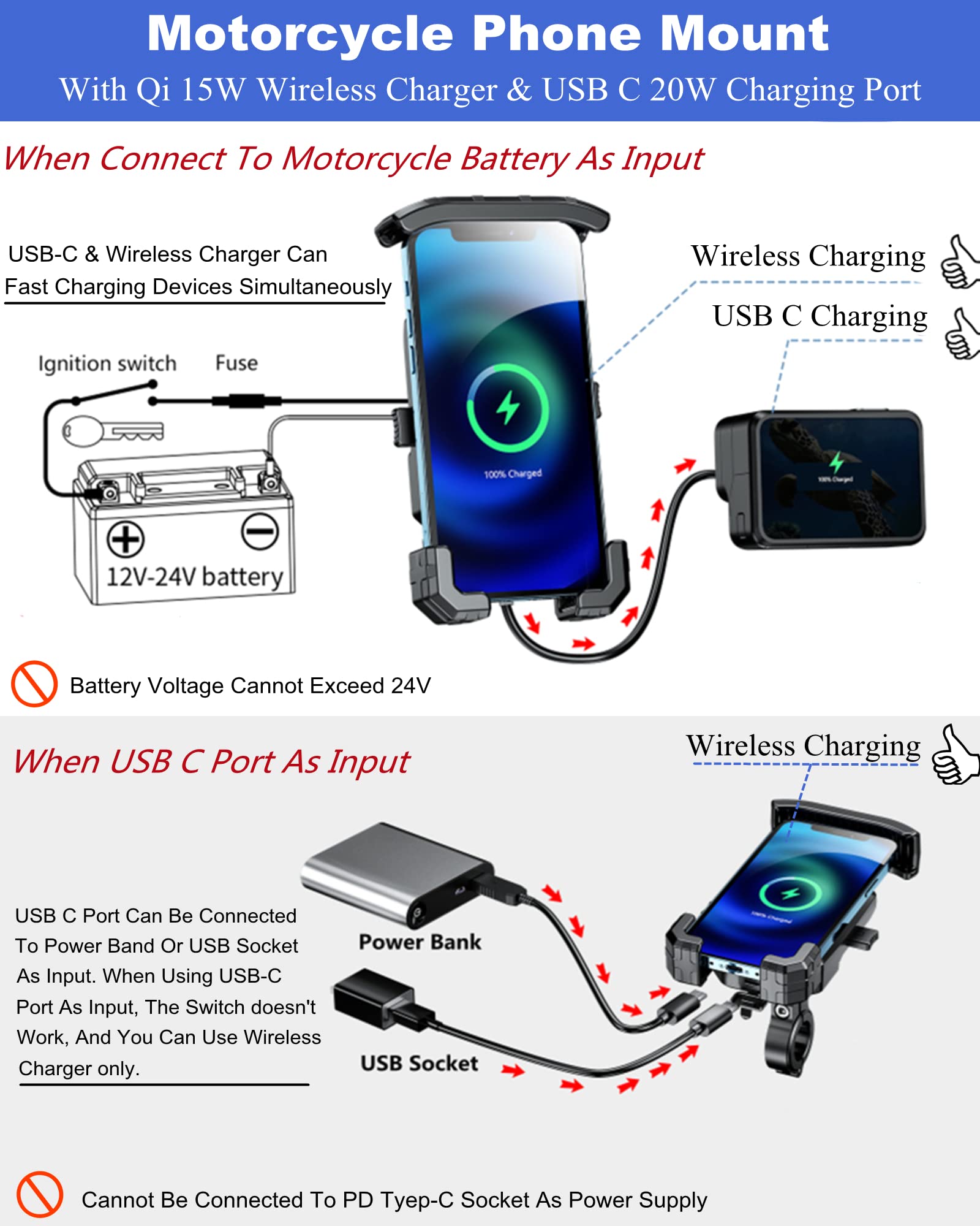 BRCOVAN Motorcycle Phone Mount Holder with Qi 15W Wireless Charger & PD/USB-C 20W Fast Charging Port, [1s Lock] Cellphone Cradle with Aluminum Alloy Handlebar Mounting Base for 4-7'' Smartphone