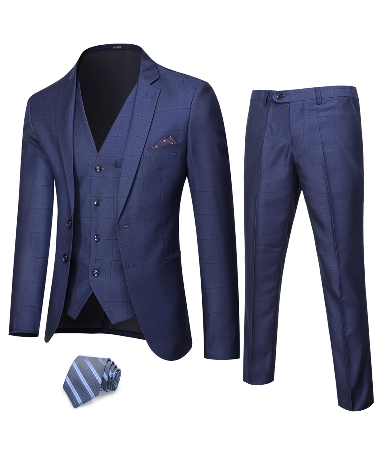 Photo 1 of YND Men's 3 Piece Suit Set with Tie, 2 Button Slim Fit Solid Blazer Jacket Vest Pants, Business Wedding Party Suits for Men, Deep Blue - Black Plaid small 