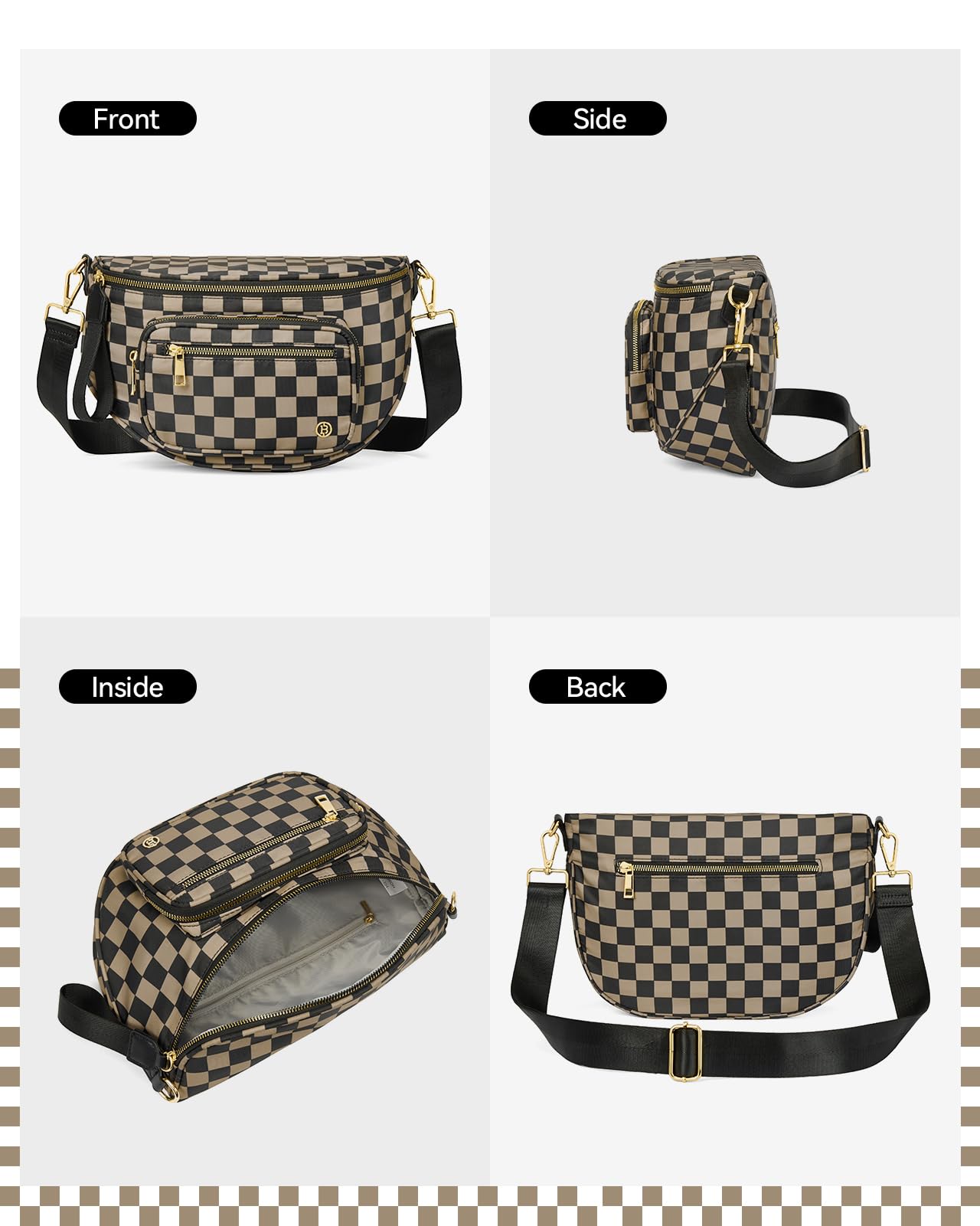 BOSTANTEN Crossbody Bags for Women Cross Body Purse Checkered Bum Bag Large Fanny Waist Pack with Adjustable Strap