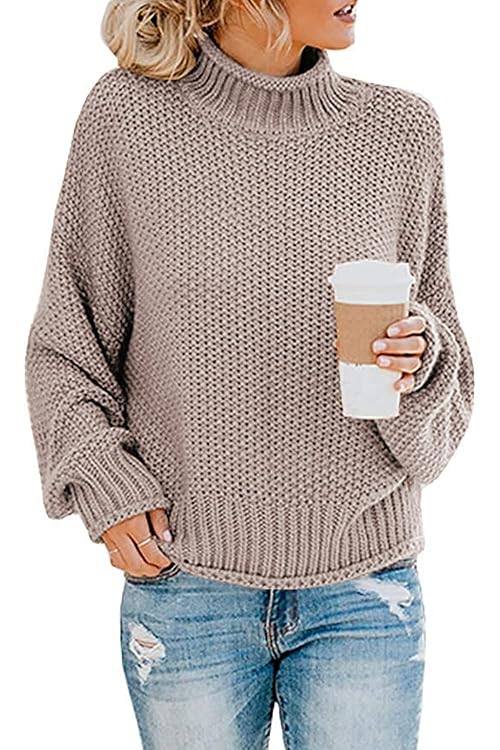 Imuedaen Women's Turtleneck Jumpers Casual Batwing Sweaters Long Sleeve Pullover Loose Chunky Knitted Jumper Tops (A Khaki, L)