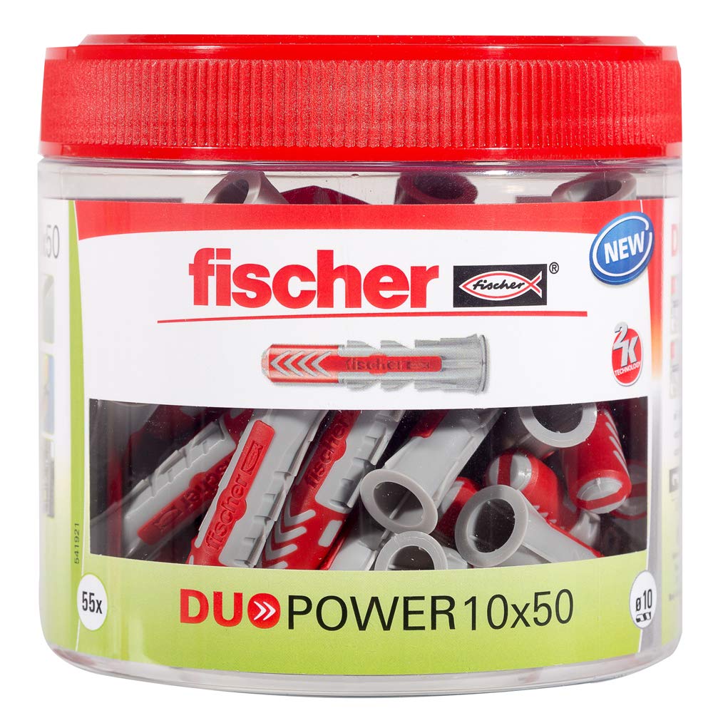 fischer DuoPower 10 x 50, Handy Round Box with 55 Universal dowels, Powerful 2-Component dowels, Plastic dowels for attaching to Concrete, Bricks, Stone, plasterboard and Much More — image 1