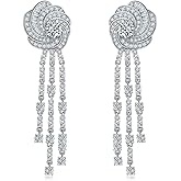 Frwiskp Wedding Earrings,Bridle Earring for Brides, 14K White Gold Plated Sterling Silver Post Cubic Zirconia Rose Flower Tassels, Hypoallergenic Jewelry Gift for Women.