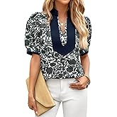 Cicy Bell Womens Floral Short Puff Sleeve Tops V Neck Patchwork Boho Summer Blouses Dressy Casual Shirts