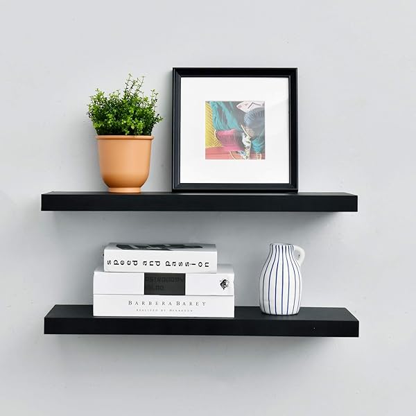 WELLAND SET OF 2 FLOATING SHELVES WALL MOUNTED SHELF, FOR HOME DECOR WITH 8″ DEEP (BLACK, 24 INCH)
