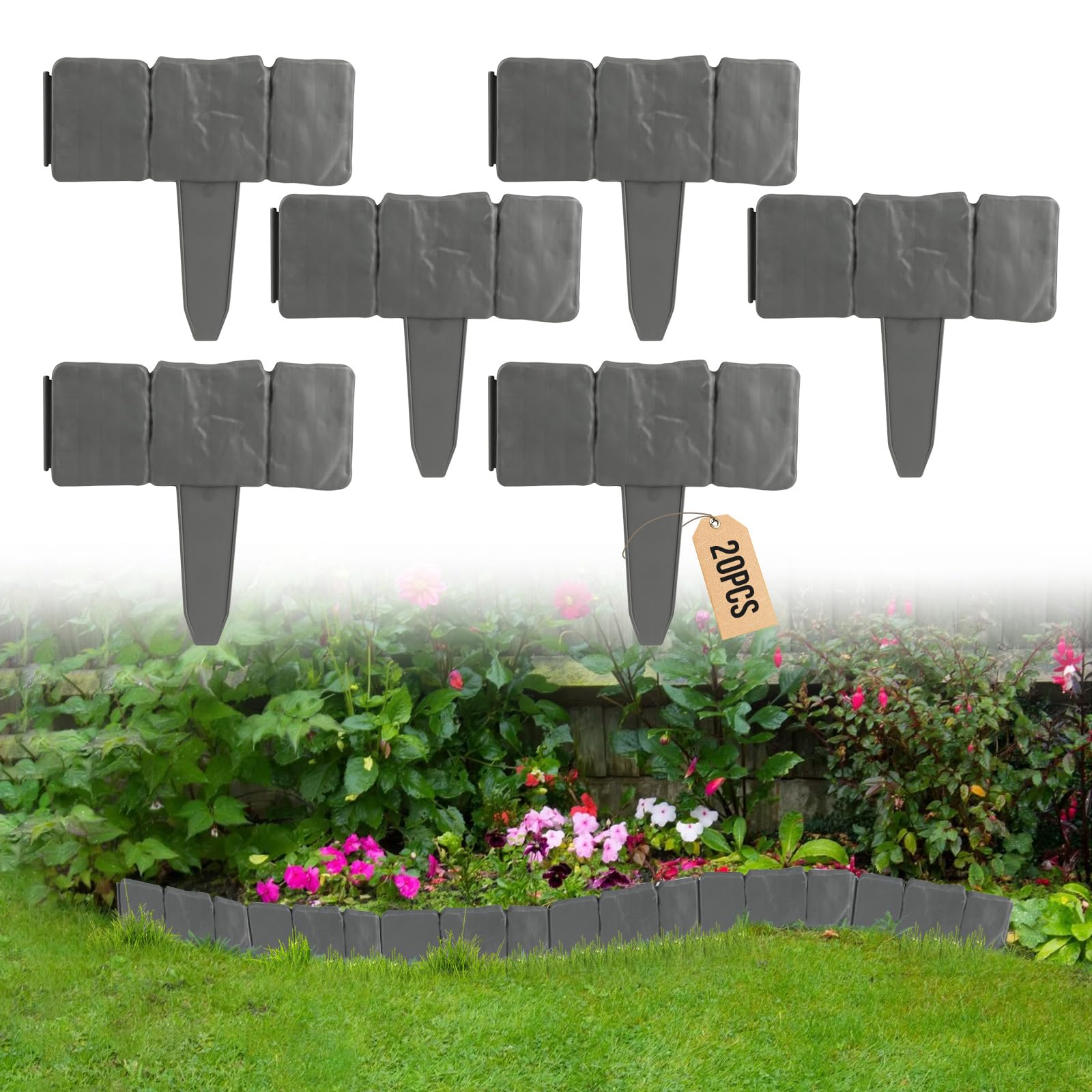 EXLECO Compact Lawn Edging, 20 pieces / 5 m, Plastic, Light Grey, Stone Effect, Palisade Fence for Garden, Flower Bed, Patio