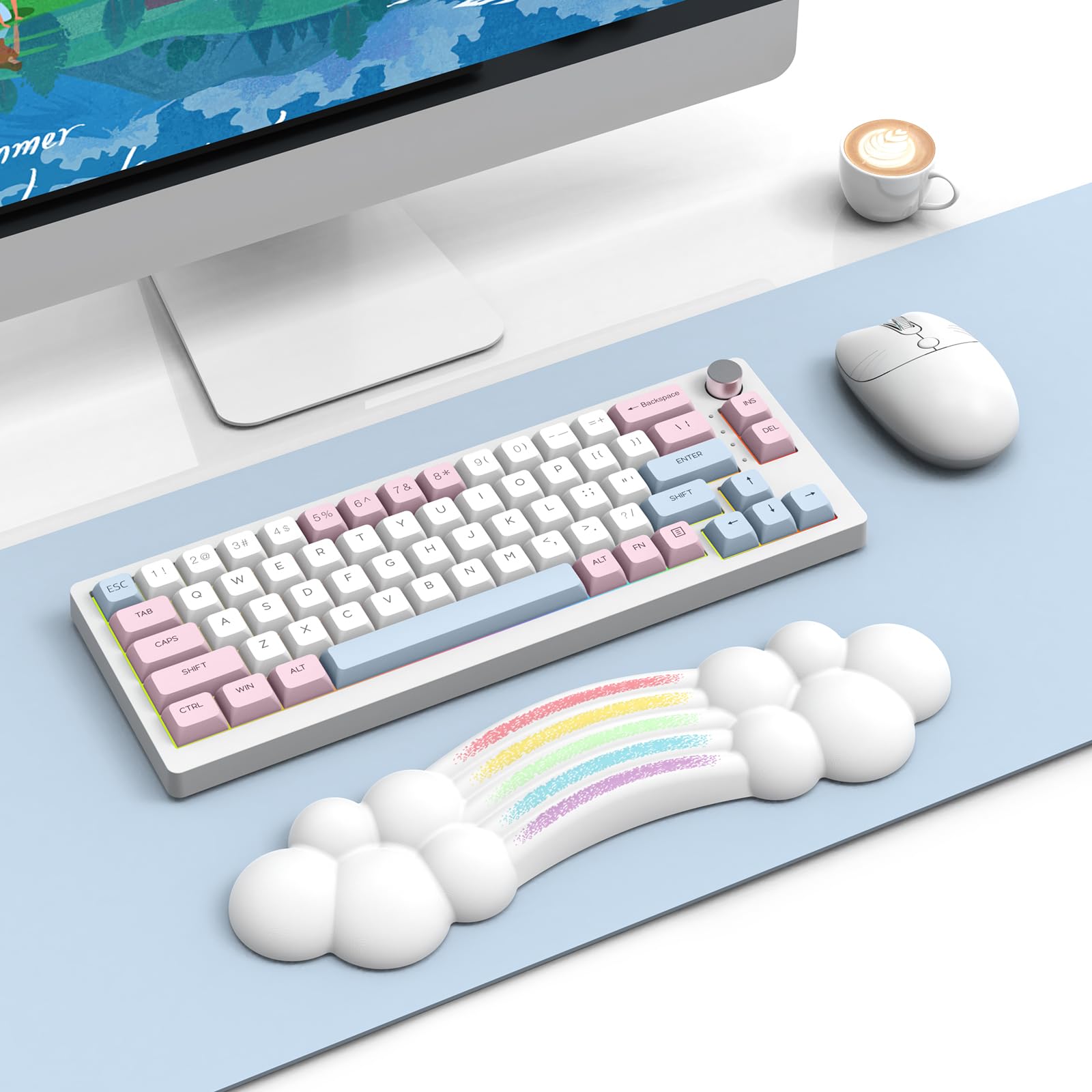 ZIYOU LANG Cloud Keyboard Wrist Rest Support, Palm Rest with Memory Foam, Anti-Slip Rubber, Comfortable Arm Rest, Ergonomic Keyboard Cushion Pad, PU Leather for Office/Home/Laptop/Mac - Rainbow
