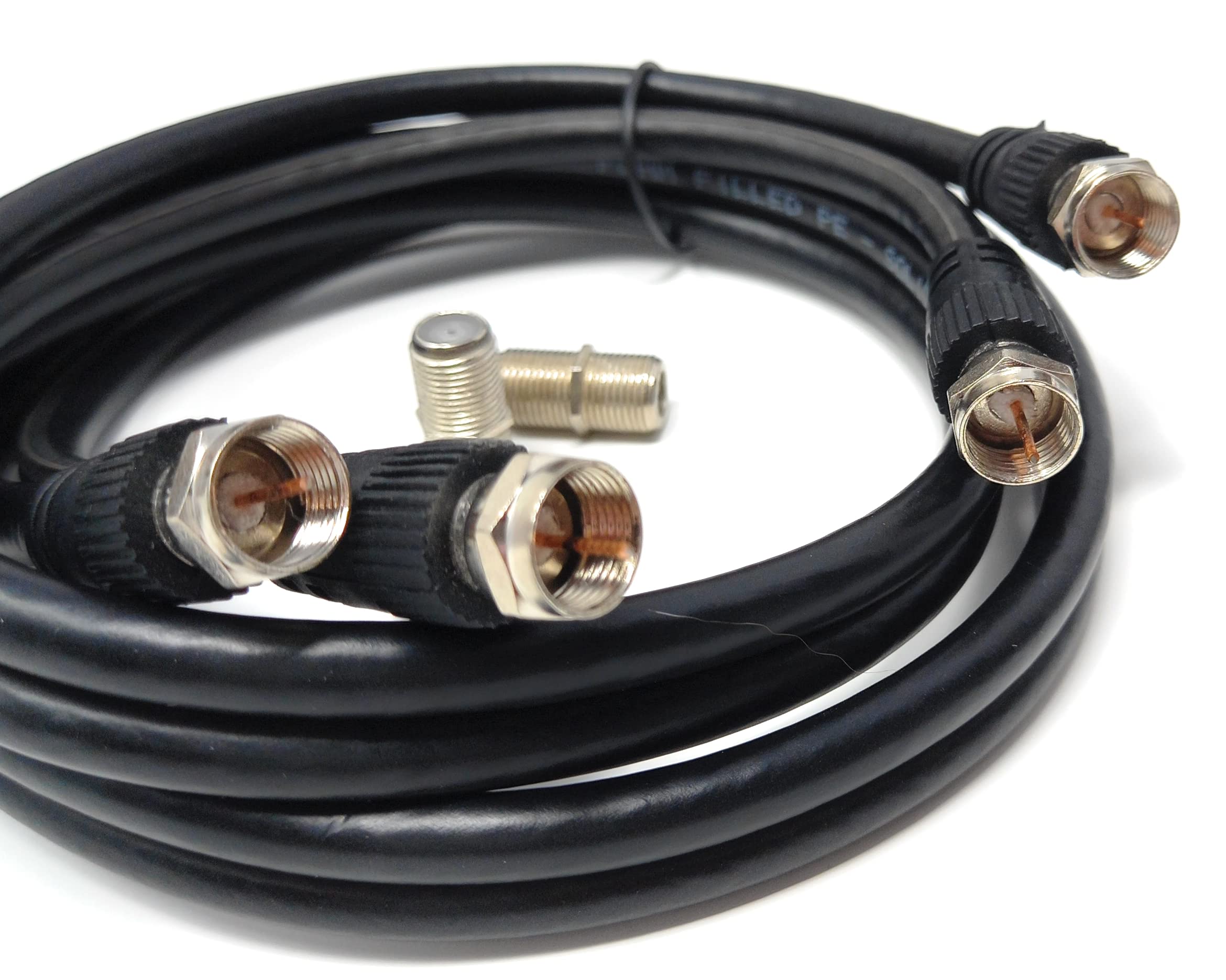 DRUT 1m,Twin Shotgun Satellite Moulded F-Type Plug to Socket RG6 Coaxial Extension Antenna Cable Lead With F-Type Couplers (3.3ft, Black)