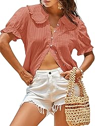 Tankaneo Womens Puff Sleeve Shirts Peter Pan Collar