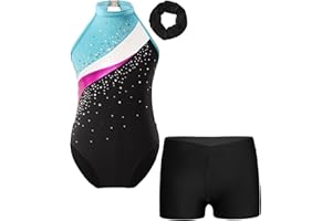 YOOJOO Gymnastics Leotards for Girls Sparkly Dance Unitards Biketards Shorts Bottoms with Hair Band Activewear for Girls