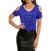 Vimoisa Women's Sparkle Sequin Cold Shoulder Tops Short Sleeve Glitter V Neck T Shirt Party Concert Tee Shirts Blouses