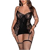 SHENHE Women's Plus Size Lingerie Garter Set Lace Slip Dress Teddy Nightgown with Thong and Stockings