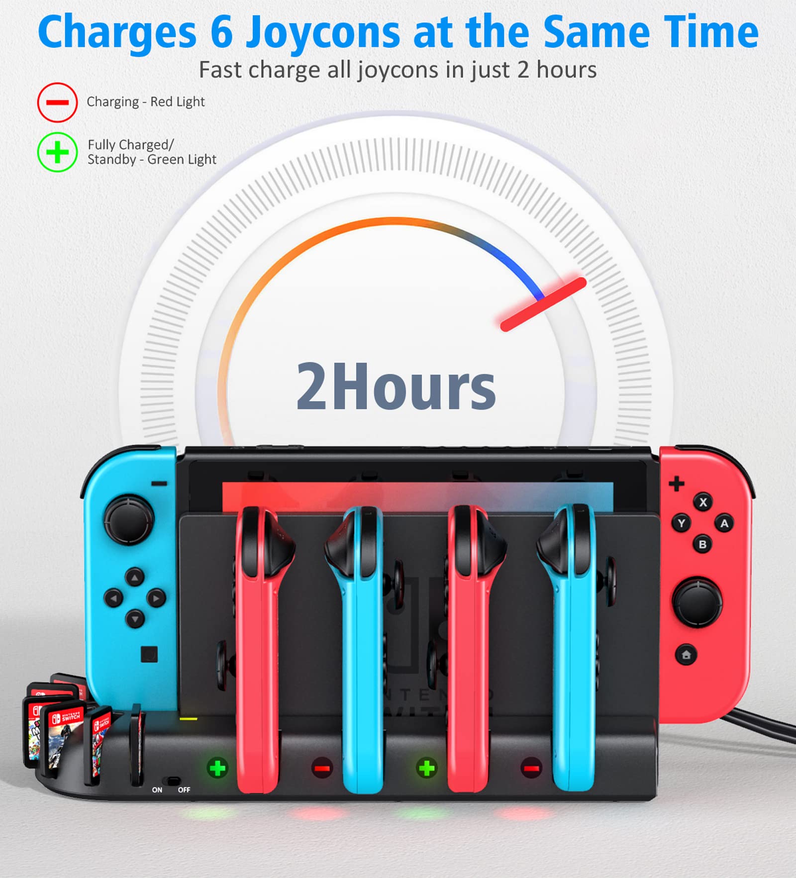 Switch Joycon Charging Dock Station Compatible with Nintendo Switch Accessories & OLED Model Joycons, KDD Joycon Controller Charger Docking Station with Upgraded 8 Game Storages, Gming Accessories